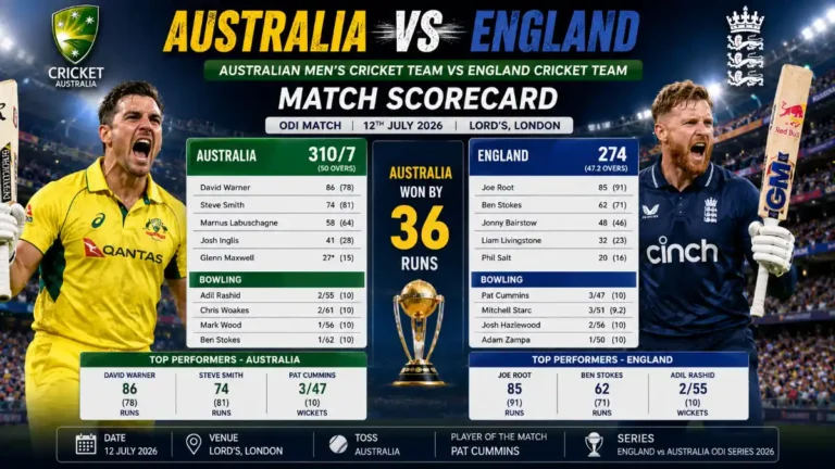 Australian Men’s Cricket Team vs England Cricket Team Match Scorecard